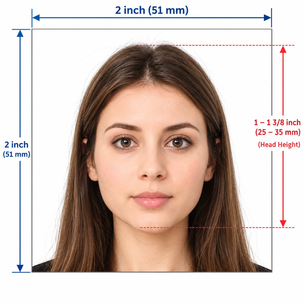 US visa photo 2×2 inch square with plain white background