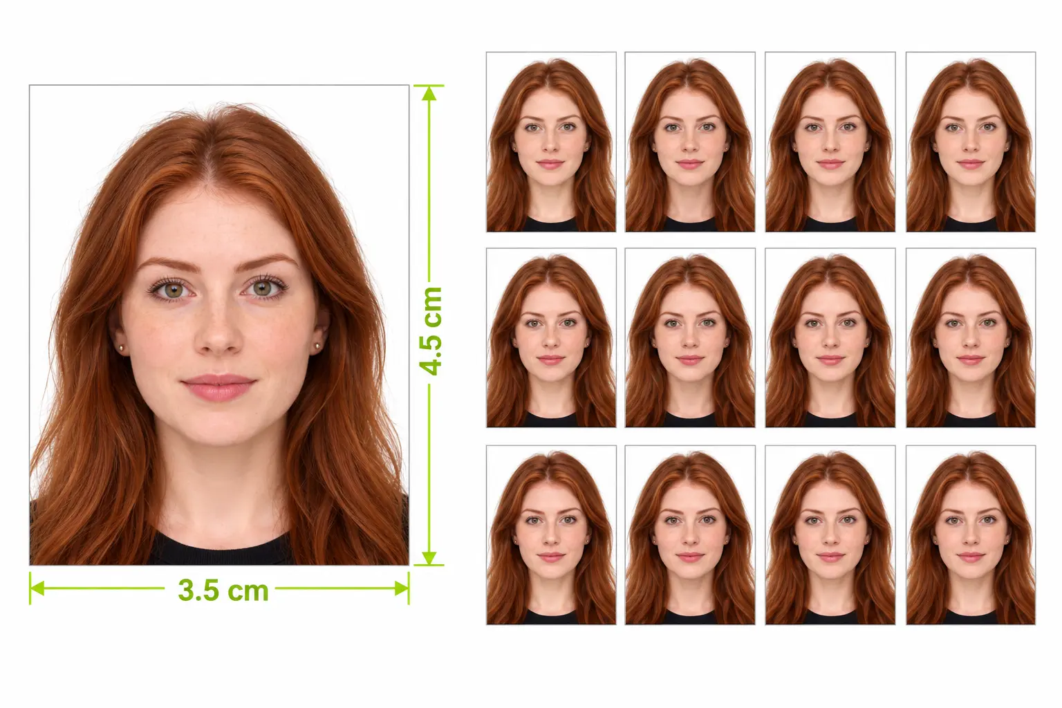 Australia passport photo on a plain light background with face height measured from chin to crown